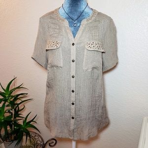 NY Collection Taupe Gauze Button Front Short Sleeve Metallic Detail Blouse - PL